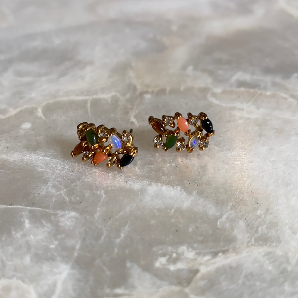 GENUINE OPAL, JADE, BLACK ONYX, TIGERS EYE, CORAL EARRINGS SET IN 18k plate.